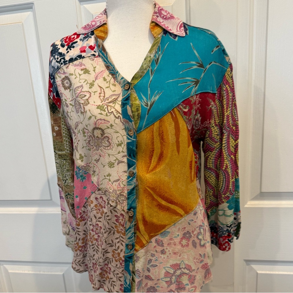 Sacred Threads Patchwork Boho Button Up Blouse Ar… - image 2